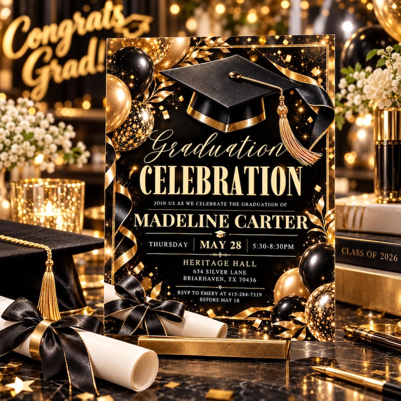 Graduation Party Invation Card Format Graduation Invitation Editable Canva Template, Elegant Grad Party Evite ...