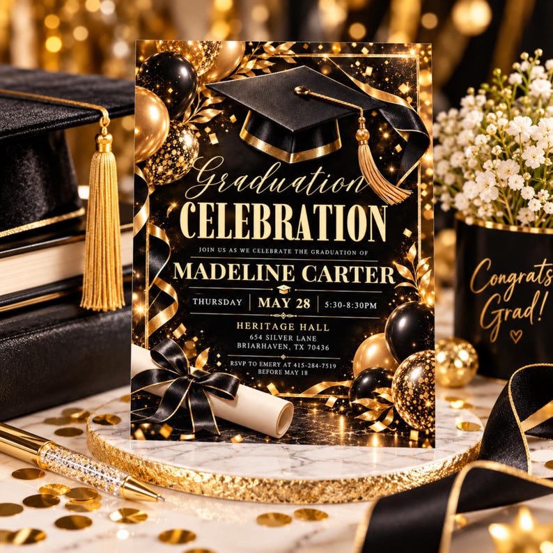 Graduation Party Invation Card Format Graduation Invitation Editable Canva Template, Elegant Grad Party Evite ...