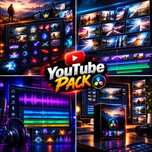 May include: A digital asset collection titled YouTube Pack featuring video editing software interfaces, vibrant audio waveforms, and cinematic landscape thumbnails displayed on multiple computer monitors with a central logo.