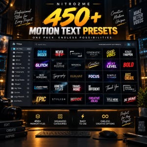 May include: A computer monitor displaying a software interface for NitroZme 450+ Motion Text Presets. The screen shows a grid of various text styles and categories, including Dream Bigger, Never Give Up, Glitch, and Cinematic Titles, with a dark theme.