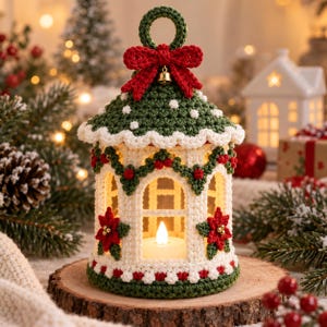 May include: A crocheted lantern featuring a cream-colored base with arched windows, a dark green roof with white accents, and red poinsettia motifs. The top is adorned with a red bow and a small gold bell, with a lit candle visible inside.