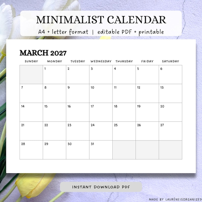 Printable March 2027 Calendar, Minimalist Design, PDF Format, Starts on ...