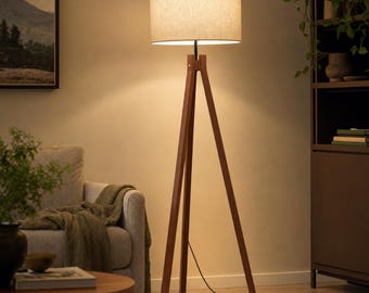 Wood Tripod Floor Lamp, Mid Century Modern Linen Drum Shade, Living Room Reading Light