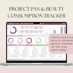 Peut inclure: Un outil numérique de suivi de consommation de produits de beauté affiché sur un écran d'ordinateur portable. Le tableau de bord présente des graphiques, des dépenses en euros et des statistiques par catégorie. Un encadré rose liste les fonctionnalités : suivi du stock, dépenses beauté, bilan annuel et plus.