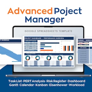 Könnte beinhalten: Ein Laptop-Bildschirm mit einer Advanced Project Manager Google Spreadsheets-Vorlage. Die Benutzeroberfläche zeigt ein Projekt-Dashboard, eine Leistungsübersicht, einen monatlichen Projektplan und ein Kanban-Board mit Diagrammen.
