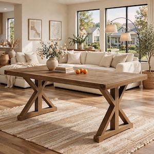 May include: A rectangular wooden dining table featuring a thick tabletop with a natural grain finish and sturdy X-shaped trestle legs. The table is positioned on a woven jute rug, showcasing a solid construction and a warm, medium-brown wood tone.