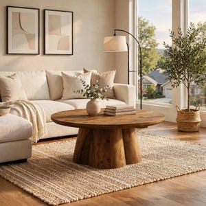 May include: A round wooden coffee table featuring a thick, solid top supported by a segmented, cylindrical base. The table is crafted from natural wood with a visible grain, positioned centrally on a textured, woven rug in a bright living space.