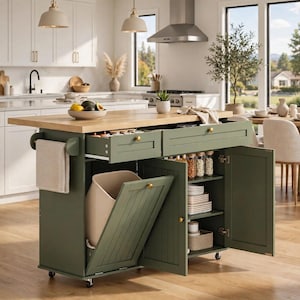 May include: A sage green kitchen island on wheels with a light wood countertop. It features a pull-out drawer, a tilt-out trash bin compartment, and a cabinet with open shelving containing stacked plates, jars, and a woven basket.