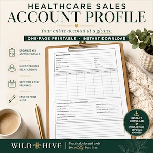 May include: A healthcare sales account profile printable template on a clipboard. The document includes fields for account name, physician details, contact information, and a table for staff names, birthdays, and preferences. Text includes "HEALTHCARE SALES ACCOUNT PROFILE" and "Your entire account at a glance."