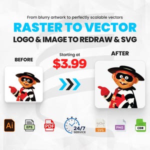 May include: A graphic showing a raster to vector conversion service. It displays a blurry character image labeled BEFORE and a sharp, clear version labeled AFTER. Text includes RASTER TO VECTOR, LOGO & IMAGE TO REDRAW & SVG, and file format icons.