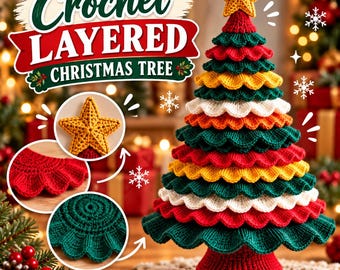 Puede incluir: Un árbol de Navidad de ganchillo con varias capas y filas alternas de tela festoneada roja, verde, blanca y amarilla. El árbol está rematado con una estrella amarilla e incluye recuadros circulares con detalles de la estrella y las capas rojas y verdes. Texto: Crochet LAYERED CHRISTMAS TREE.