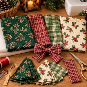 May include: A collection of Christmas-themed fabric pieces including folded rectangles and triangles with holly and plaid patterns, a fabric bow, spools of red and green thread, gold ribbon, sewing pins, and gold-toned metal scissors.