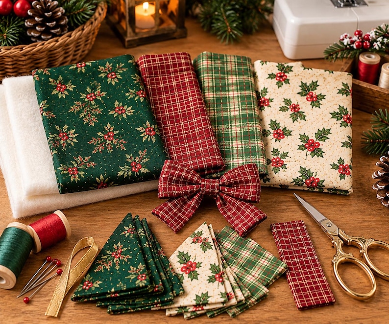 May include: A collection of Christmas-themed fabric pieces including folded rectangles and triangles with holly and plaid patterns, a fabric bow, spools of red and green thread, gold ribbon, sewing pins, and gold-toned metal scissors.