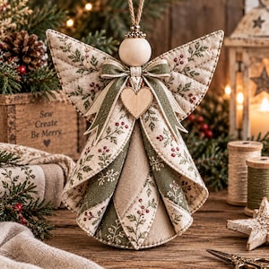 May include: A fabric angel ornament featuring a quilted wing design with a botanical print of green leaves and red berries. The angel has a round wooden head, a central wooden heart charm, and a green fabric bow at the neck, suspended by twine.