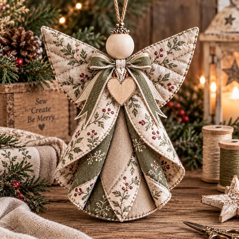 May include: A fabric angel ornament featuring a quilted wing design with a botanical print of green leaves and red berries. The angel has a round wooden head, a central wooden heart charm, and a green fabric bow at the neck, suspended by twine.