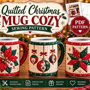May include: A sewing pattern for a quilted Christmas mug cozy featuring three designs: a poinsettia, hanging ornaments, and a star. The text reads Quilted Christmas Mug Cozy Sewing Pattern, PDF Pattern, Detailed Instructions, Step-by-Step Photos, Multiple Designs, and Beginner Friendly.