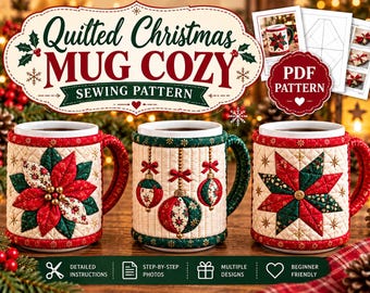 Puede incluir: Un patrón de costura para una funda de taza navideña acolchada con tres diseños: una flor de pascua, adornos colgantes y una estrella. El texto dice Quilted Christmas Mug Cozy Sewing Pattern, PDF Pattern, Detailed Instructions, Step-by-Step Photos, Multiple Designs y Beginner Friendly.