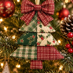 May include: A quilted Christmas tree ornament featuring a patchwork design of red and green plaid and holly berry patterns. The ornament is topped with a matching red and green plaid fabric bow and includes a gold ribbon loop for hanging on a tree.