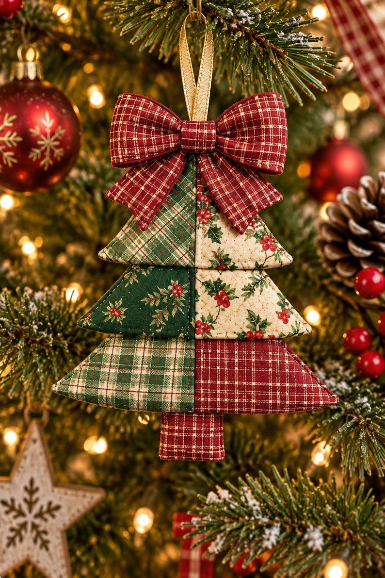 May include: A quilted Christmas tree ornament featuring a patchwork design of red and green plaid and holly berry patterns. The ornament is topped with a matching red and green plaid fabric bow and includes a gold ribbon loop for hanging on a tree.