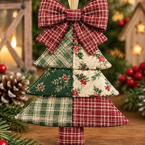 May include: A fabric Christmas tree ornament featuring a patchwork design of green plaid, red plaid, and cream fabric with a holly berry print. The tree is topped with a large red plaid fabric bow and a gold ribbon loop for hanging.