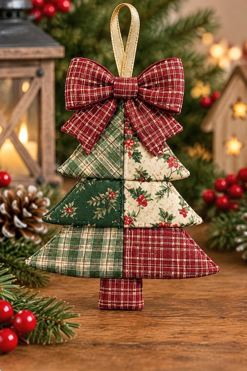 May include: A fabric Christmas tree ornament featuring a patchwork design of green plaid, red plaid, and cream fabric with a holly berry print. The tree is topped with a large red plaid fabric bow and a gold ribbon loop for hanging.
