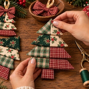 May include: Fabric Christmas tree ornaments featuring a patchwork design of red and green plaid, holly berry prints, and cream-coloured fabric. Each tree is constructed from stacked triangular segments and topped with a small fabric bow.