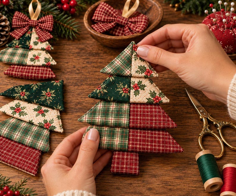 May include: Fabric Christmas tree ornaments featuring a patchwork design of red and green plaid, holly berry prints, and cream-coloured fabric. Each tree is constructed from stacked triangular segments and topped with a small fabric bow.
