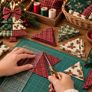 May include: A green cutting mat with a clear plastic ruler and gold scissors cutting a red plaid fabric triangle. Nearby are stacks of triangular fabric pieces in red plaid and cream with holly prints, plus a fabric Christmas tree ornament.
