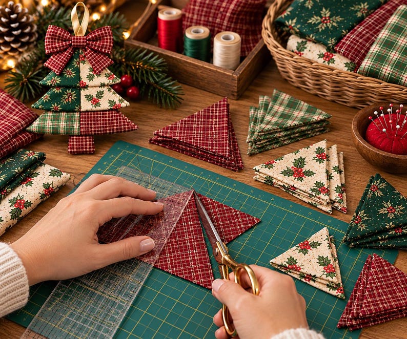 May include: A green cutting mat with a clear plastic ruler and gold scissors cutting a red plaid fabric triangle. Nearby are stacks of triangular fabric pieces in red plaid and cream with holly prints, plus a fabric Christmas tree ornament.