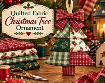 May include: A quilted fabric Christmas tree ornament featuring a red and green plaid and holly print pattern, topped with a red plaid fabric bow and a gold ribbon loop. The ornament is displayed alongside stacked fabric swatches and sewing tools.