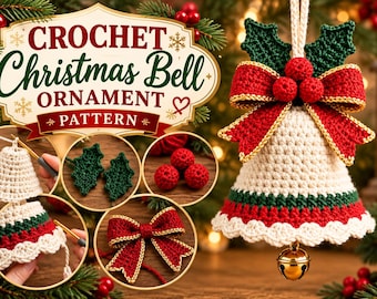 Puede incluir: Un adorno de campana de Navidad de ganchillo con una campana color crema con bordes rojos y verdes, rematada con un lazo rojo y tres bayas rojas. La imagen incluye el texto CROCHET Christmas Bell ORNAMENT PATTERN e insertos de proceso.