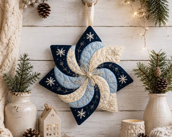 Patrón de costura para colgador de puerta navideño con forma de estrella, estrella en espiral con aplique acolchado, descarga en PDF.