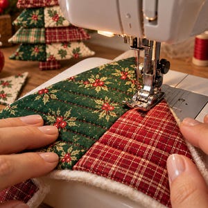May include: A white sewing machine stitching together fabric pieces featuring a green holly and berry pattern alongside a red and white plaid fabric. The quilted material has visible straight-line stitching and a soft white backing layer.