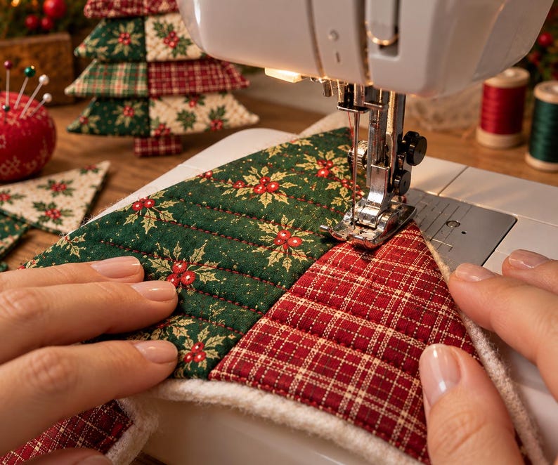May include: A white sewing machine stitching together fabric pieces featuring a green holly and berry pattern alongside a red and white plaid fabric. The quilted material has visible straight-line stitching and a soft white backing layer.