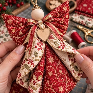 May include: A quilted fabric angel ornament featuring a red and gold star pattern on the wings and a cream-colored fabric with red berries and green holly leaves on the dress. It includes a wooden bead head, a gold ribbon bow, and a wooden heart.
