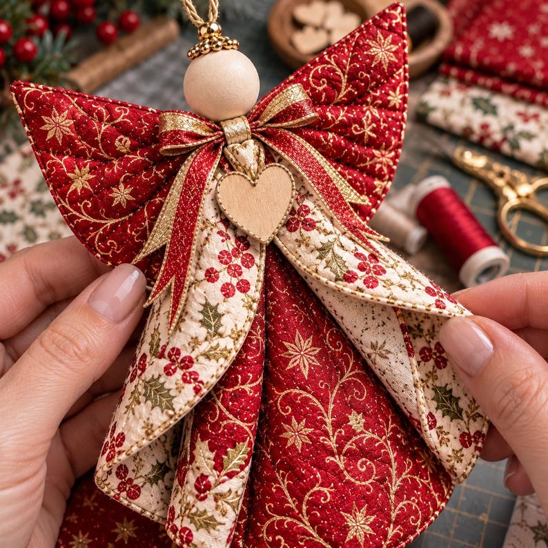 May include: A quilted fabric angel ornament featuring a red and gold star pattern on the wings and a cream-colored fabric with red berries and green holly leaves on the dress. It includes a wooden bead head, a gold ribbon bow, and a wooden heart.