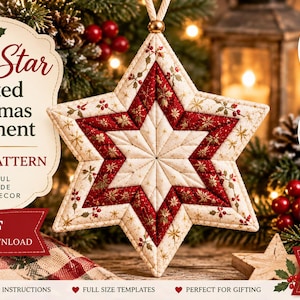 Puede incluir: Un patrón de costura PDF para un adorno navideño acolchado Lone Star con forma de estrella de seis puntas en tela crema y roja con detalles dorados. El texto dice Lone Star Quilted Christmas Ornament, Sewing Pattern, PDF, Instant Download.
