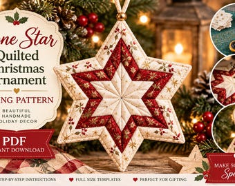 May include: A Lone Star quilted Christmas ornament sewing pattern PDF featuring a six-pointed star design in cream and red fabric with gold accents. The text reads Lone Star Quilted Christmas Ornament, Sewing Pattern, PDF, Instant Download.