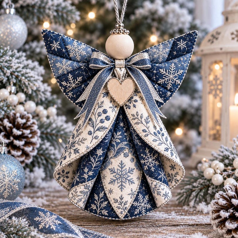 May include: A fabric angel ornament featuring a quilted navy blue and white snowflake pattern. The angel has a round wooden bead head, a central wooden heart accent, and a decorative bow at the neck. It hangs from a silver cord loop.