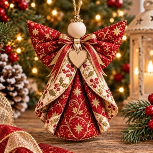 May include: A fabric angel ornament featuring a red and cream quilted design with gold star and vine patterns. The angel has a smooth wooden bead head, a central wooden heart charm, and a decorative ribbon bow at the neck, suspended by a gold cord.