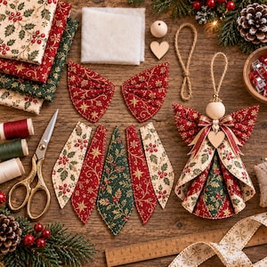 May include: A DIY craft kit for a fabric angel ornament featuring red and green holly-patterned fabric pieces, a wooden bead head, a heart-shaped charm, and a jute hanging loop, displayed with scissors, thread spools, and a wooden ruler.