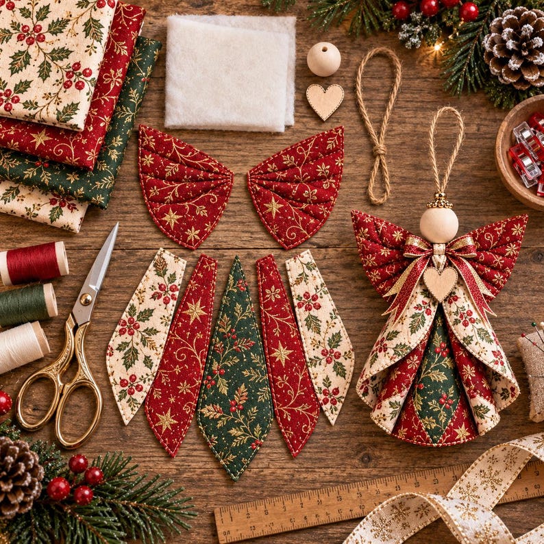 May include: A DIY craft kit for a fabric angel ornament featuring red and green holly-patterned fabric pieces, a wooden bead head, a heart-shaped charm, and a jute hanging loop, displayed with scissors, thread spools, and a wooden ruler.