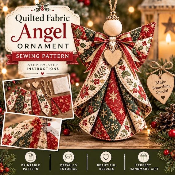 Quilted Fabric Angel Ornament Sewing Pattern PDF | Christmas Angel Doll Pattern | Folded Fabric Angel Tree Decor | DIY Photo Tutorial