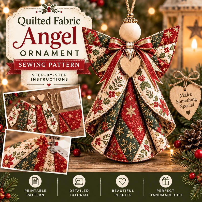 May include: A quilted fabric angel ornament sewing pattern featuring a finished angel with a wooden bead head, a heart-shaped wooden pendant, and red, green, and cream fabric with poinsettia and snowflake prints, plus step-by-step instructions.