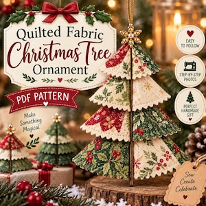 May include: A quilted fabric Christmas tree ornament PDF pattern featuring a multi-tiered tree with red and green holly and snowflake prints. The text reads Quilted Fabric Christmas Tree Ornament, PDF Pattern, Make Something Magical, Easy to Follow, Step-by-Step Photos, Perfect Handmade Gift, and Sew Create Celebrate.