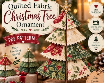 Puede incluir: Un patrón PDF para un adorno de árbol de Navidad de tela acolchada, con un árbol de varios niveles con estampados de acebo y copos de nieve en rojo y verde. El texto dice Quilted Fabric Christmas Tree Ornament, PDF Pattern, Make Something Magical, Easy to Follow, Step-by-Step Photos, Perfect Handmade Gift y Sew Create Celebrate.
