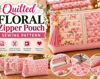 Puede incluir: Un patrón de costura para un estuche acolchado con cremallera y estampado floral, con paneles de tela de rosas rosas y flores pequeñas con ribete de encaje. El estuche incluye una cremallera dorada con un tirador de borla rosa. Texto: Quilted Floral Zipper Pouch Sewing Pattern.