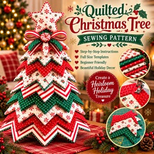 Può includere: Un cartamodello per albero di Natale trapuntato con strati di tessuto rosso, bianco e verde con stampe a menta e pois. Il testo recita Quilted Christmas Tree Sewing Pattern, Step-by-Step Instructions, Full Size Templates, Beginner Friendly, Beautiful Holiday Decor e Create a Heirloom Holiday Treasure.