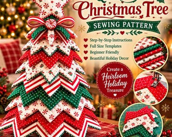 Puede incluir: Un patrón de costura para árbol de Navidad acolchado con capas de tela roja, blanca y verde con estampados de menta y lunares. El texto dice Quilted Christmas Tree Sewing Pattern, Step-by-Step Instructions, Full Size Templates, Beginner Friendly, Beautiful Holiday Decor y Create a Heirloom Holiday Treasure.