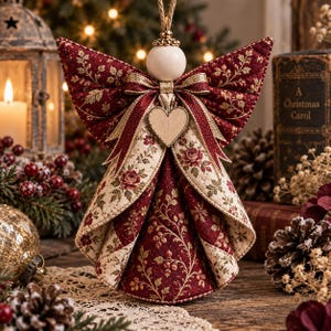 May include: A fabric angel ornament featuring a quilted burgundy wing design with gold leaf patterns, a cream-colored skirt with rose floral prints, a wooden bead head, and a central wooden heart charm suspended by a decorative gold-trimmed ribbon.